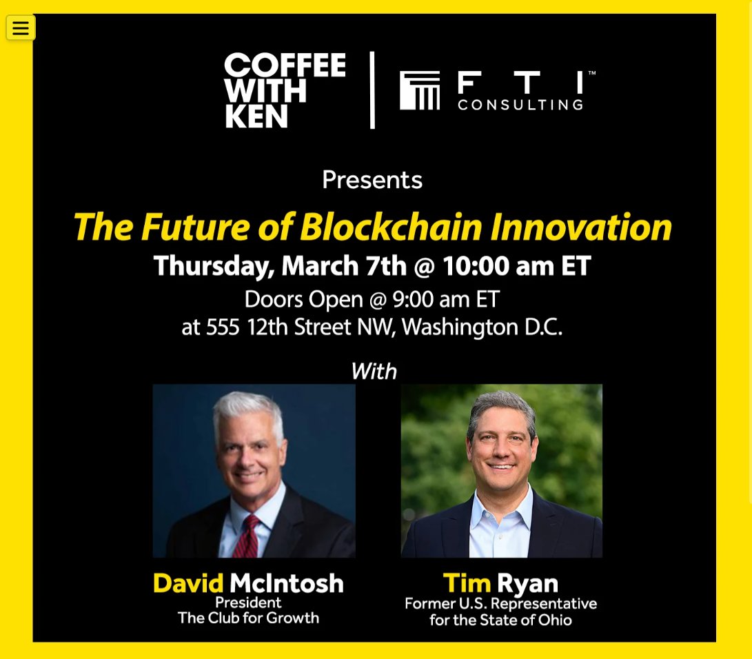 Don't forget to join us tomorrow at 10 a.m. in Washington, DC for the Future of Blockchain Innovation event with <a href="/DavidMMcintosh/">David M. McIntosh</a>, <a href="/TimRyan/">Tim Ryan</a>, and @FTIconsulting! 

RSVP to attend in person - cfg.news/FutureofBlockc…