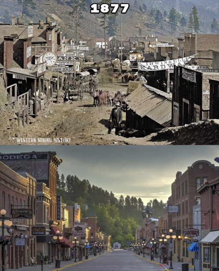 fasc1nate's tweet photo. Comparing Main Street in Deadwood, South Dakota, in 1877 to 2023 reveals some interesting contrasts. Here are three fascinating facts about Deadwood:

1. In 1874, General George A. Custer led a military expedition that stumbled upon gold in the area. The news of this discovery spread rapidly, attracting a massive influx of prospectors to the region. The population peaked at around 25,000 residents due to the gold rush.

2. The name "Deadwood" originated from a small settlement called "Deadwood Gulch," which emerged around the gold mines. It is believed that the moniker was inspired by the abundance of lifeless trees found in the gulch.

3. As the town experienced rapid growth, it gained a notorious reputation for lawlessness. The absence of effective governance resulted in a surge of crime, violence, and gambling. Notorious figures like Wild Bill Hickok, Calamity Jane, and Al Swearengen were drawn to the area, further fueling its lawless image.

On August 2, 1876, Wild Bill Hickok, the legendary gunslinger and lawman, met his demise while playing poker at a saloon. Jack McCall, an unsuccessful gambler harboring a grudge against Hickok, shot him dead. This tragic event solidified Deadwood's place in Wild West folklore.
