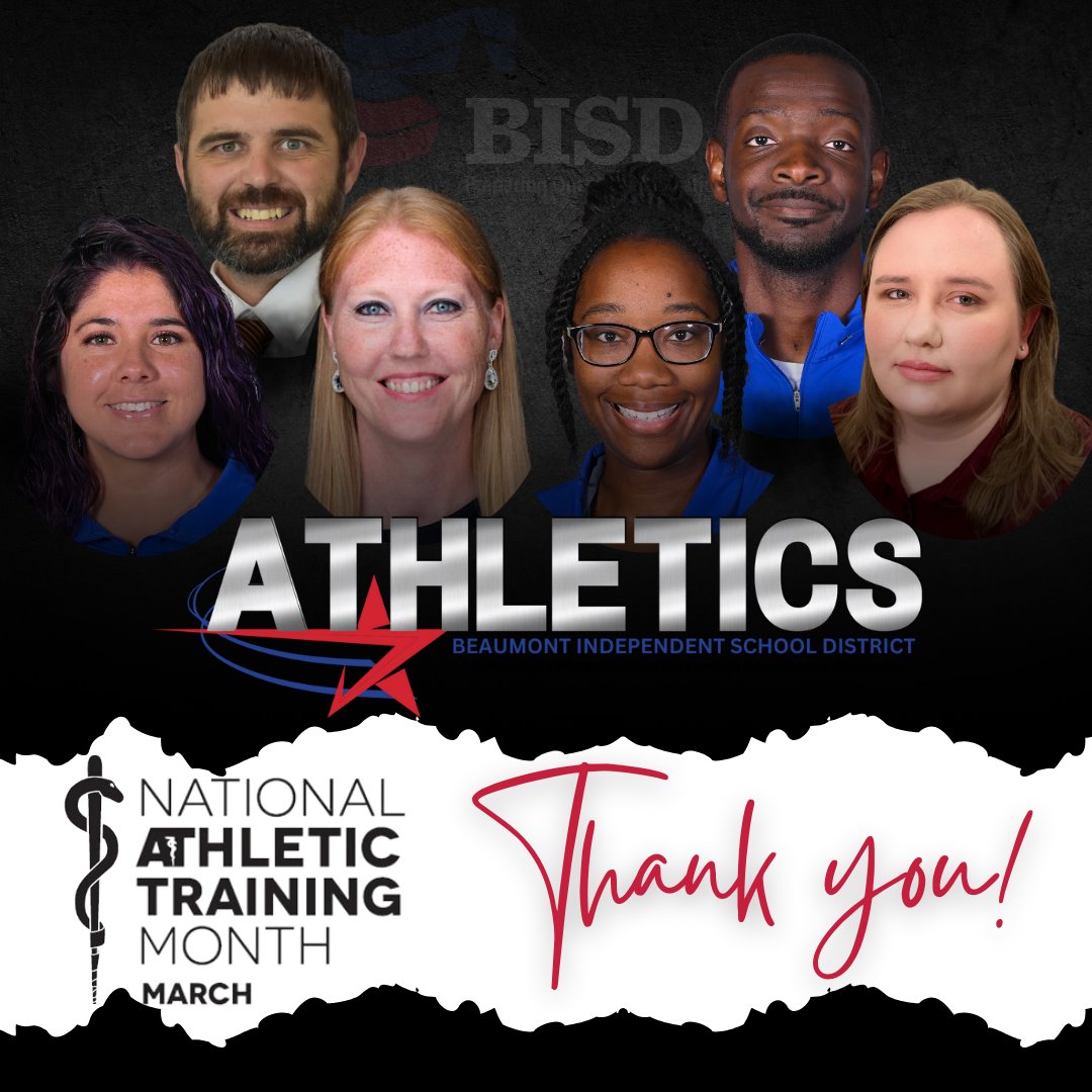 📣March is #NationalAthleticTrainingMonth! Help us thank our amazing ISD Athletic Trainers who work tirelessly to keep our young athletes safe and healthy.  Jordan Hemker, Jacob Pfaff, Danae Tuhn, Nicole Patterson, Dante Johnson, and Jordan Corley, Thank you! #BMTISDProud