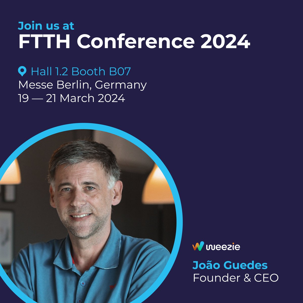 weeziesoftware's tweet photo. Join us at #FTTHConference to unlock the potential of our cloud-native solution, transforming fiber optic network management with automation and digitization 🚀
Meet CEO, João Guedes, for insights into our integrated digital ecosystem. See you there! https://t.co/FRm65bcXnE