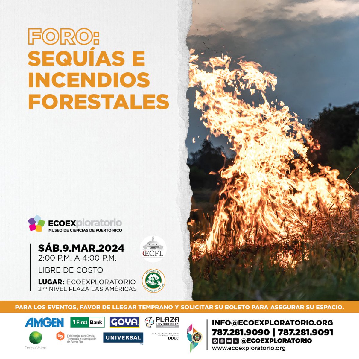 🔥 🌿 ¿Preocupado por sequías e incendios en Puerto Rico? Únete a nuestra charla para aprender y proteger nuestros bosques. Estudiantes, ¡2 hrs contacto verdes! 🌱🎓 Únete por un futuro sostenible. 🌎💚 📆 Sáb, 9 de marzo de 2024 ⏰ @ a 4pm 📍2do Nivel Plaza las Américas  💰 $0