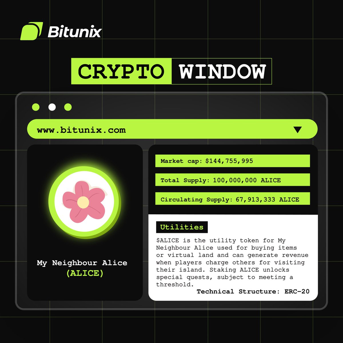 BitunixOfficial's tweet photo. $ALICE trading is now live on Bitunix!
✔️ Learn more about My Neighbor Alice ( $ALICE) through our #BitunixCryptoWindow!
🔹Deposits: Now Open
🔹Trading: 8:00 on March 1, 2024 (UTC)
🔹Withdrawal: 8:00 on March 1, 2024 (UTC)
✔️ Check out ALICE/USDT pair here:
https://t.co/NuLsmhl05z
#BitunixNewListings #MyNeighborAlice #CryptoWindow