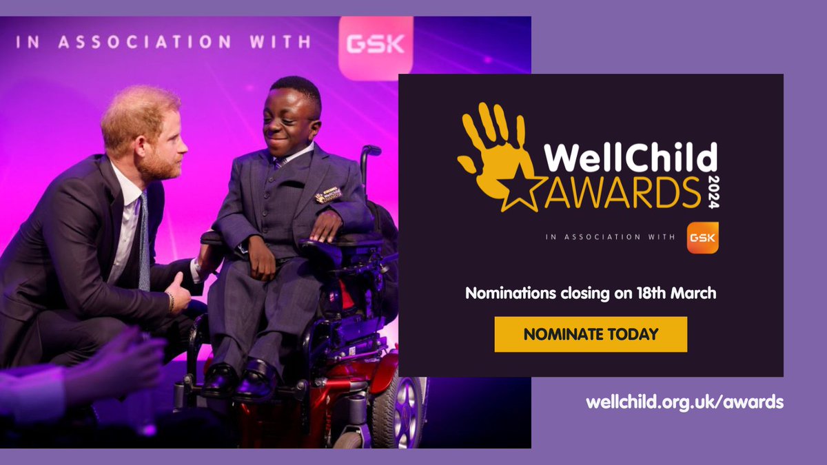 Share the news: Nominations close soon for the #WellChildAwards, in association with @gsk

Know a child with complex medical needs showing exceptional determination? Or an inspirational sibling? Maybe a #parentcarer or professional deserving recognition?➡️ wellchild.org.uk/awards