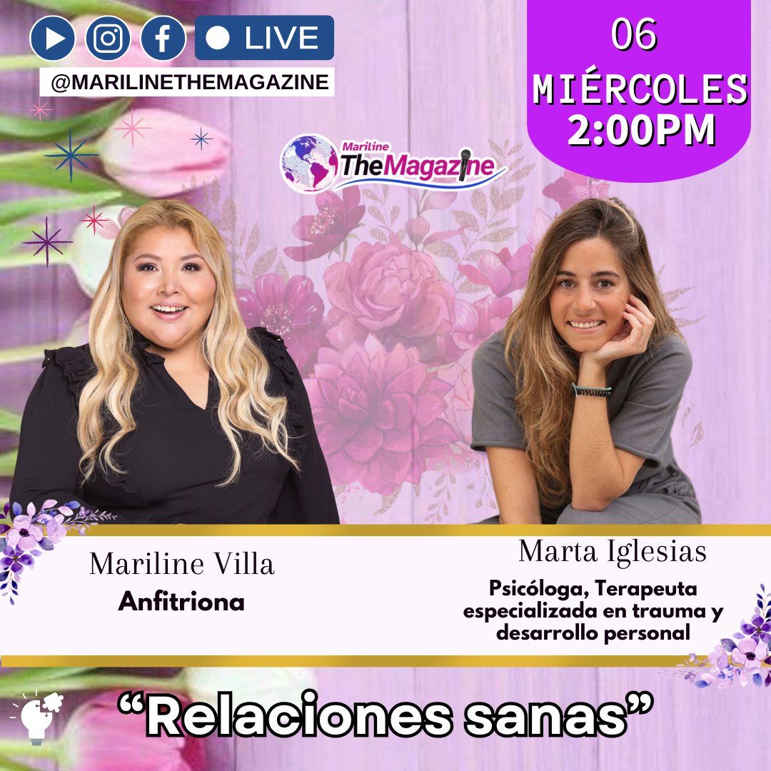 Marilinetv's tweet photo. ✨¡Familia! Para hoy miercoles, seguimos con más invitadas:

🕐 2:00pm Miami🇺🇸 

🌐 Marta Iglesias
psicóloga
📝 “Relaciones sanas”
@micounselor 

🌐Bettina Rodriguez Aguilera
Analista politica, Líder comunitaria y Conferencista Internacional
@bettinaraofficial

#entrevista https://t.co/7wYKpCsDxJ