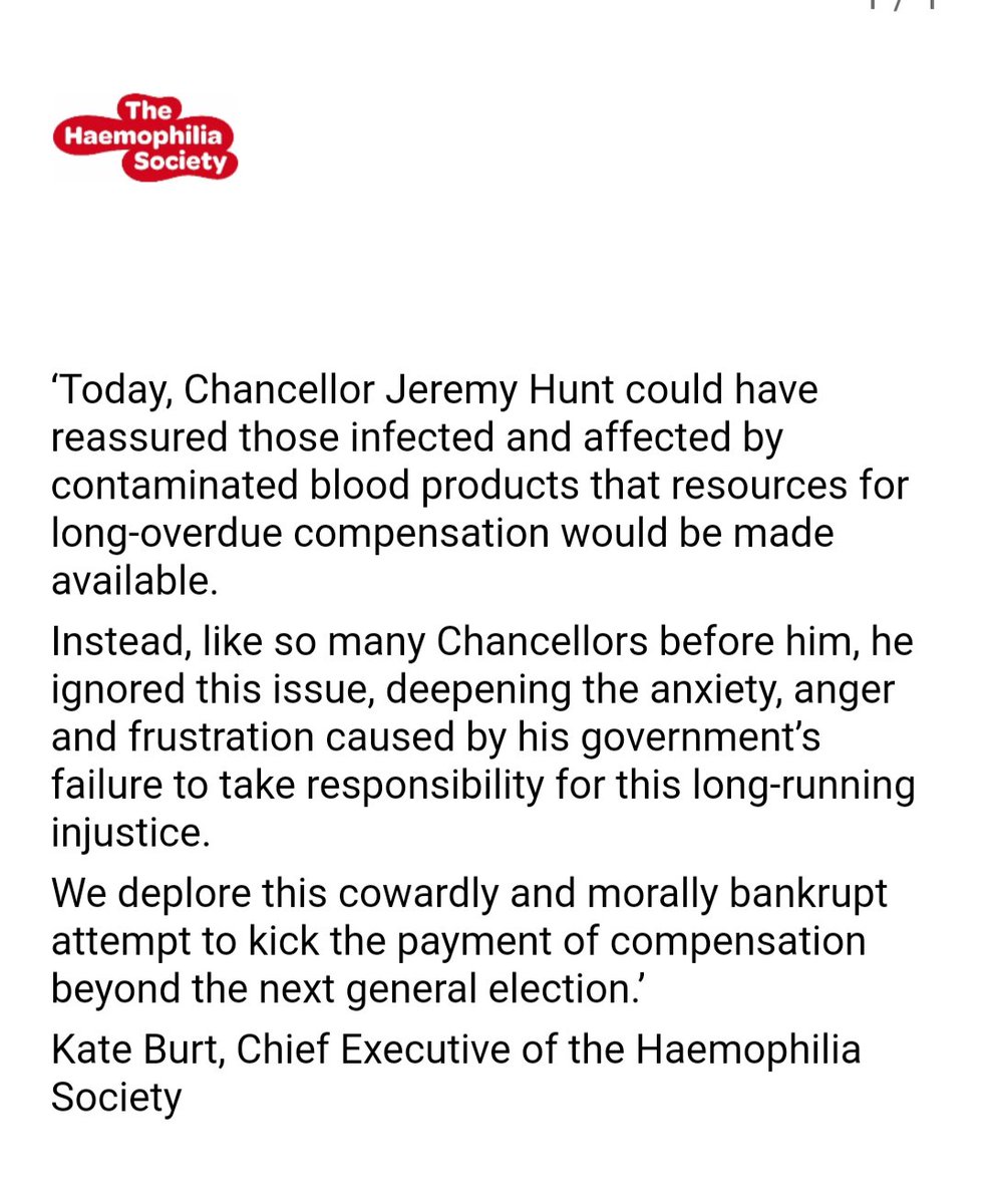 Nothing in the Budget today to indicate that the government will do the right thing and pay compensation to people infected and affected by contaminated blood products. Read reaction from the Haemophilia Society's Chief Executive, Kate Burt.⬇️