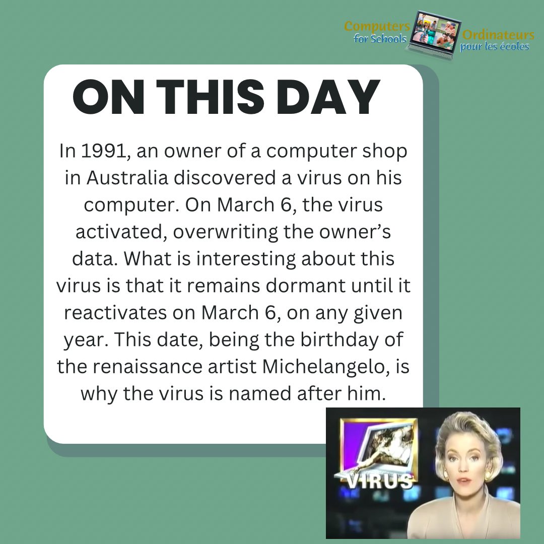 Have you ever heard of the Michelangelo Virus? Read about what happened on this day in 1991!!

#albertacomputersforschools #michelangelovirus #computervirus #didyouknow #funfacts #techfacts