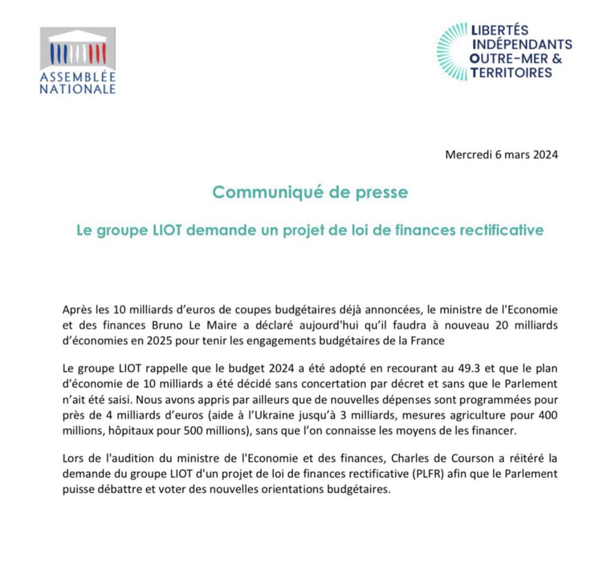 #Budget #CommuniquéDePresse
 Le groupe LIOT demande un projet de loi de finances rectificative  #DirectAn