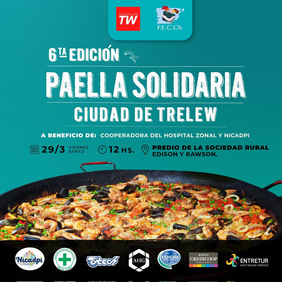 𝙋𝙖𝙚𝙡𝙡𝙖 𝙎𝙤𝙡𝙞𝙙𝙖𝙧𝙞𝙖 “𝘾𝙞𝙪𝙙𝙖𝙙 𝙙𝙚 𝙏𝙧𝙚𝙡𝙚𝙬”🥘
El 29/3 llega la 6ta. edición del evento solidario a beneficio de la Cooperadora del Hospital Zonal Trelew y de Nicadpi.
🤩¡Los invitamos a todos a compartir un viernes santo especial y disfrutar de la paella!
(+)
