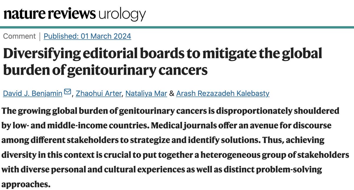 Now published in @NatRevUrol, we discuss strategies to increase diversity (particularly among women and those in low- and middle-income countries) in editorial boards of genitourinary oncology journals. Link (full text): rdcu.be/dz5gN