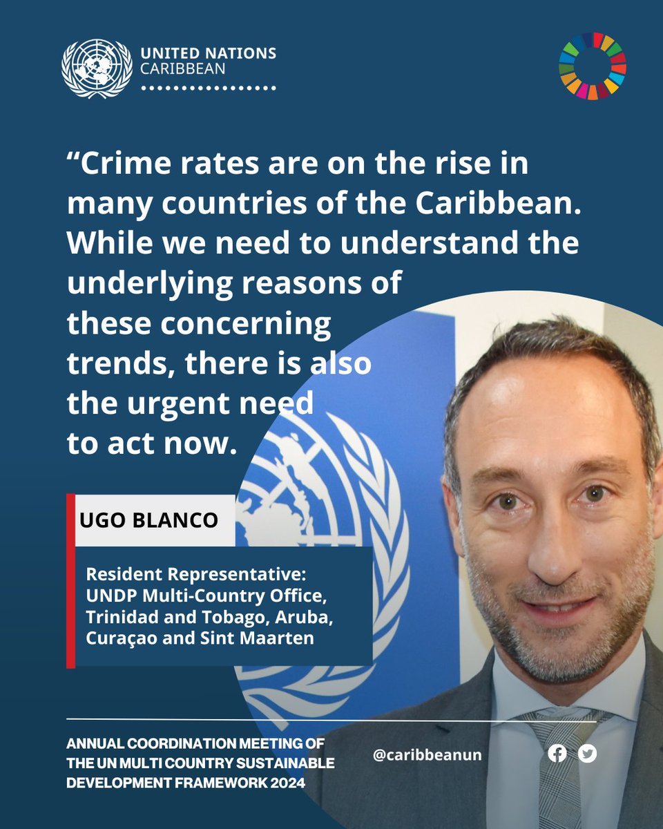 @UNEP @VincentDSweeney @UNEP_LatAm @UN_SDG @UNJamaica @UNBdosandOECS @UNGuyana @UNSuriname @UN_TandT @CARICOMorg Addressing the #Caribbean sub-region's rising crime rates, @ugo_blanco, Resident Representative at @UNDPTT said much more needs to be done, calling for action on crime prevention and social cohesion, democratic governance, and institutional dialogues to prevent polarisation.