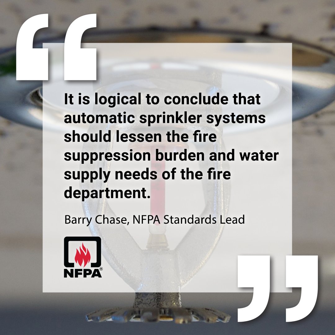 Fire sprinklers save lives. But did you know they can also reduce the water supply required for structural firefighting in rural and suburban areas? Read more: nfpa.social/EnVM50QLBCc