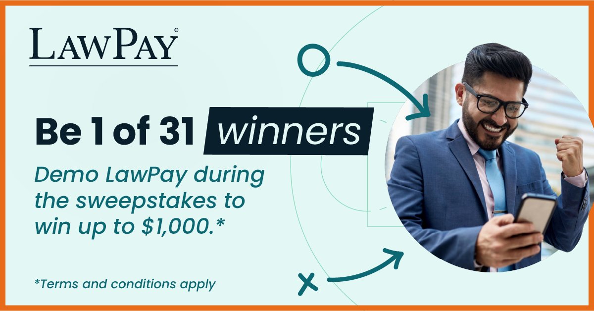 Become one of 31 winners to win a Visa gift card of up to $1,000. Don’t miss your shot! Complete a demo before 3/24, and you’ll be entered into LawPay's Beat the Buzzer Championship. 
Enter to win here >> bit.ly/3Ic2Ygx

#Sweepstakes#giveaway#CLA#TogetherWeLaw#WeAreCLA