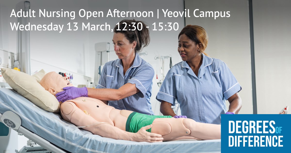 Interested in studying BSc (Hons) Adult Nursing at our Yeovil Campus? Register for our Open Afternoon! Explore our teaching base and meet our teaching team on Wed 13 March, 12:30 - 15:30. Book here: ow.ly/QVcO50QFGRh #BUOpenDay #DegreesOfDifference #AdultNursing