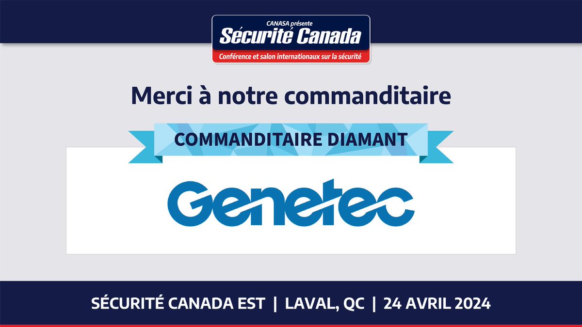Nous tenons à remercier chaleureusement notre commanditaire Diamant, @Genetec, pour son important soutien à Sécurité Canada. Inscrivez-vous dès aujourd’hui au salon Sécurité Canada Est et passez faire un tour au kiosque de Genetec le 24 avril prochain: bit.ly/3V2ByB8
