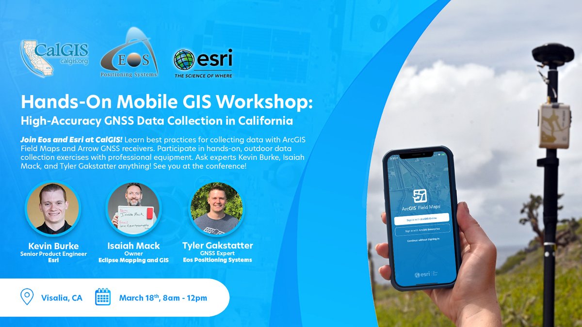 EosGNSS's tweet image. Unlock the power of high-accuracy data collection at this year’s #CalGIS! Attend this exciting hands-on workshop to delve into #GNSS fundamentals, best practices, and real-world mapping using #ArcGISFieldMaps. 

Elevate your #GIS skills! Register: ow.ly/ggjg50QIkRC @URISA