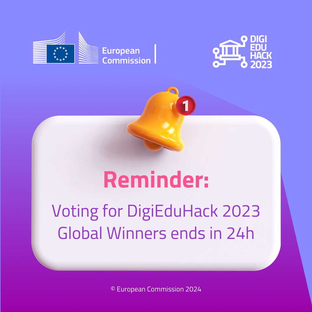 ⏳ Time's Running Out! The #DigiEduHack 2023 Global Winners will be decided by your vote. Go to digieduhack.com/vote and Make a difference in #DigitalEducation—vote now! 🚀🔗 #VoteNow #EUDigitalEducation #DEAP #Hackathon