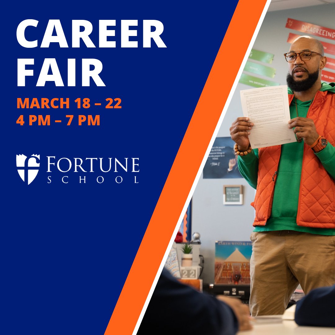 FortuneSchool's tweet photo. Explore exciting opportunities for the 2024-25 school year at the Fortune School Career Fair, March 18-22, from 4-7 pm at our Home Office. Discover our dedication to student success, diverse staff culture, and comprehensive benefits. https://t.co/wz4uTfcJ3t #CareerFair #Education https://t.co/jzCroDZWLx