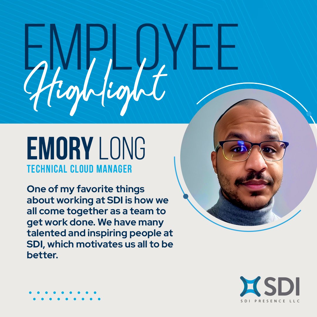From #cloud to camaraderie. Meet Emory Long, SDI’s Technical Cloud Manager—he embodies the spirit of #collaboration at #SDI. We believe in fostering a collaborative environment where everyone's unique skills and talents can shine.