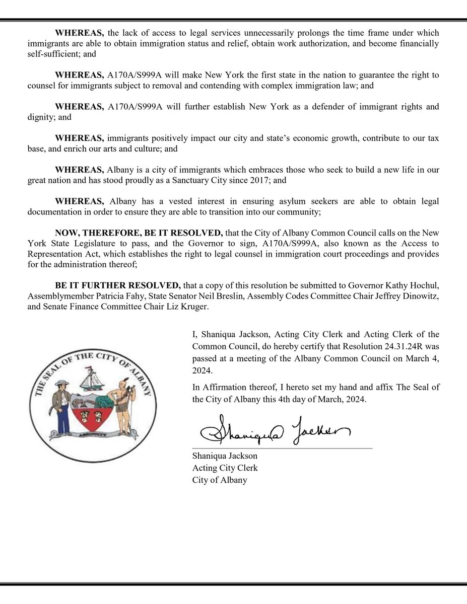 On Monday, we welcomed @thenyic as we passed Resolution 24.31.24R calling on the New York State Legislature to pass, and @GovKathyHochul to sign, the Access to Representation Act, legislation establishing the right to legal counsel in immigration proceedings.