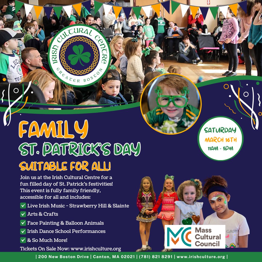 Thank you to the Canton Cultural Council for their support of our Family St. Patrick's Day for all! ☘️ 🇮🇪 This is going to be a very busy day at the Irish Cultural Centre and we can't wait to welcome you all! Tickets are still available: bit.ly/4bsEtcg