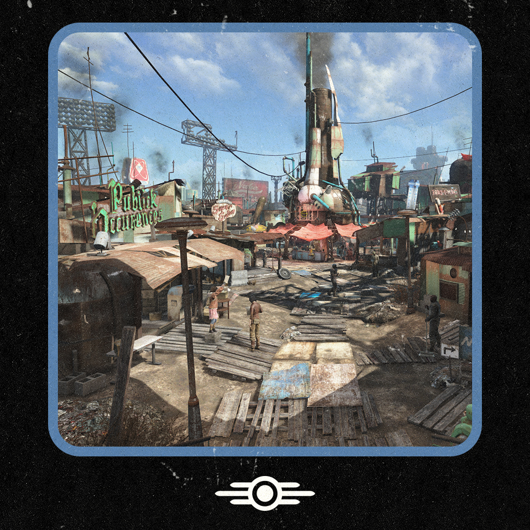 Fallout's tweet photo. Diamond City is the largest post-war settlement in the Commonwealth. It is located in Boston's major league baseball stadium, and even has its security staff that wear protective sports equipment. #Fallout https://t.co/EeTWToJP5w