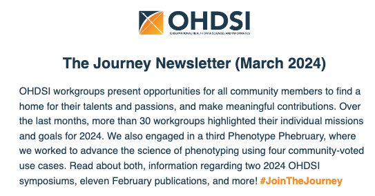 OHDSI's tweet image. The latest OHDSI #newsletter is now available! 
• new #workgroups OKRs &amp;amp; homepage
• Phenotype Phebruary review
• 11 February publications
• info on #OHDSI2024 and #OHDSIEurope2024
• new spotlight: Ross Williams 
• plenty more! #JoinTheJourney

➡️ mailchi.mp/ohdsi/march2024