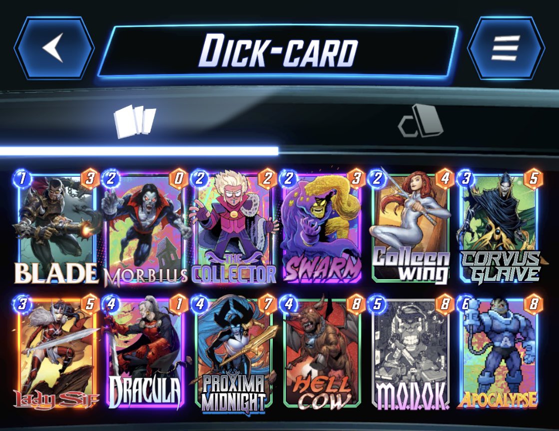 can0bi's tweet photo. Generally a week 1-2 infinite guy, not day 1-2..pretty smooth run tho, swapped between these 3 decks..Swan deck is a bot farming machine @MarvelSnapZone #MarvelSnap https://t.co/aa6ddZST41