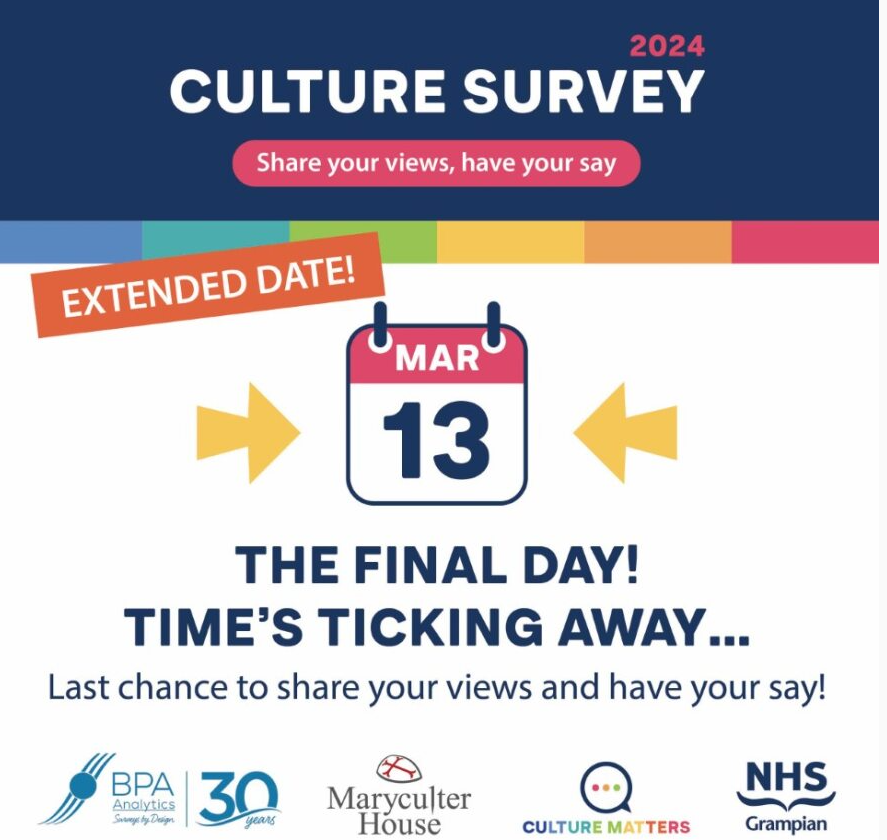 Grampian We Care (@grampianwecare) on Twitter photo One Week left to take part in the #NHSGCultureMatters24 staff Survey - closing 13th March.
Don't forget to have your say & share your views & help shape our culture. <a href="/NHSG_Facilities/">NHSG Facilities & Estates</a> <a href="/chantalmwood/">ChantalMWood</a> <a href="/NHSGrampian/">NHS Grampian</a> <a href="/NHSG_RACH/">NHSG_RACH 💙</a> <a href="/DrGrays_Elgin/">Dr Gray's Hospital</a> One Week left to take part in the #NHSGCultureMatters24 staff Survey - closing 13th March.
Don't forget to have your say & share your views & help shape our culture. <a href="/NHSG_Facilities/">NHSG Facilities & Estates</a> <a href="/chantalmwood/">ChantalMWood</a> <a href="/NHSGrampian/">NHS Grampian</a> <a href="/NHSG_RACH/">NHSG_RACH 💙</a> <a href="/DrGrays_Elgin/">Dr Gray's Hospital</a>
