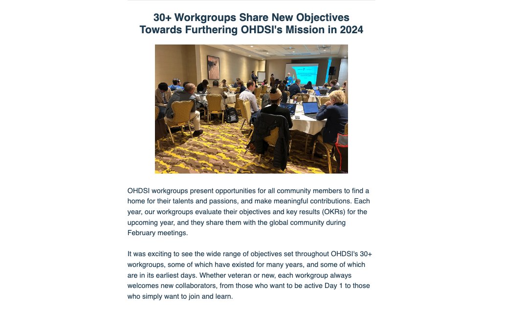OHDSI's tweet image. The latest OHDSI #newsletter is now available! 
• new #workgroups OKRs &amp;amp; homepage
• Phenotype Phebruary review
• 11 February publications
• info on #OHDSI2024 and #OHDSIEurope2024
• new spotlight: Ross Williams 
• plenty more! #JoinTheJourney

➡️ mailchi.mp/ohdsi/march2024