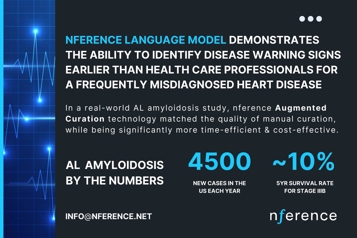 nference (@_nference) on Twitter photo nference language models are able to identify disease warning signs earlier than health care professionals. With our Augmented Curation #AI technology, physicians and researchers can analyze disease signs and symptoms from unstructured clinical text at scale.
AL amyloidosis is nference language models are able to identify disease warning signs earlier than health care professionals. With our Augmented Curation #AI technology, physicians and researchers can analyze disease signs and symptoms from unstructured clinical text at scale.
AL amyloidosis is