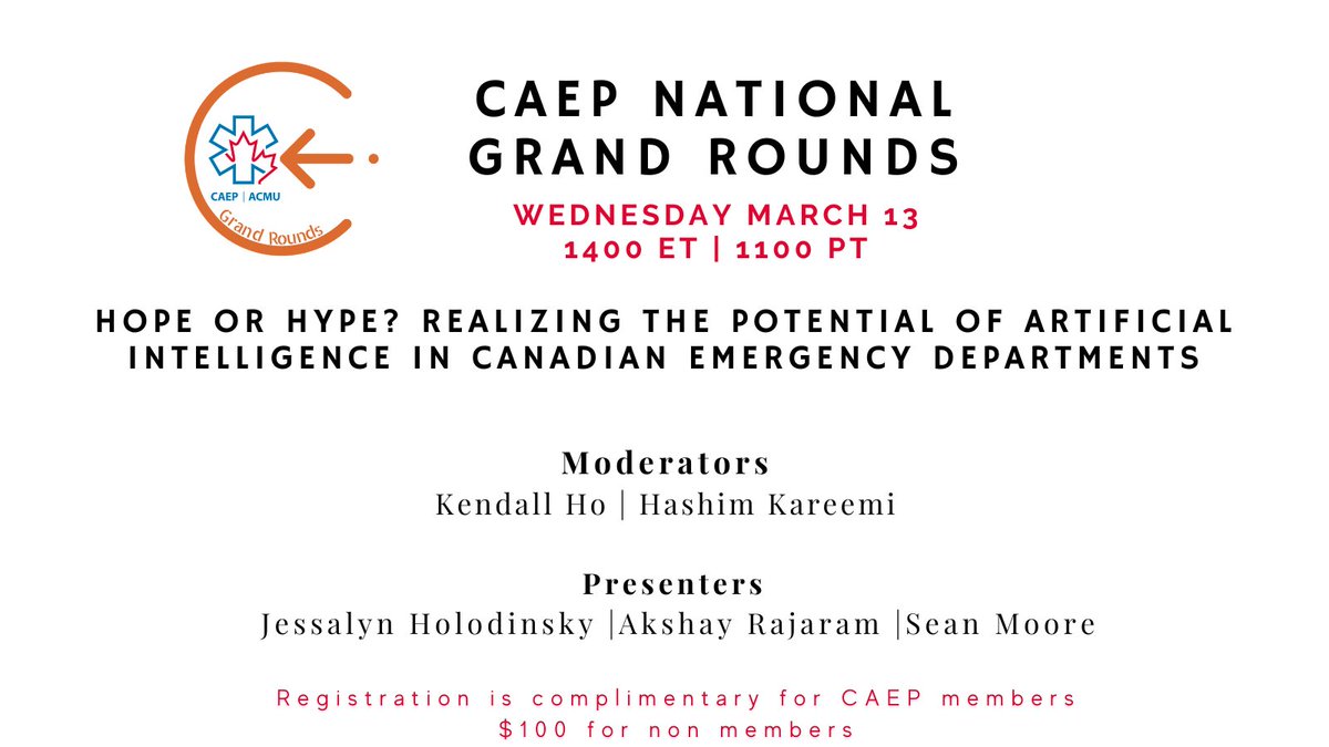 Hope or Hype? Realizing the Potential of Artificial Intelligence in Canadian Emergency Departments. Tune in to the next National Grand Rounds: caep.ca/cpd-courses/ca…