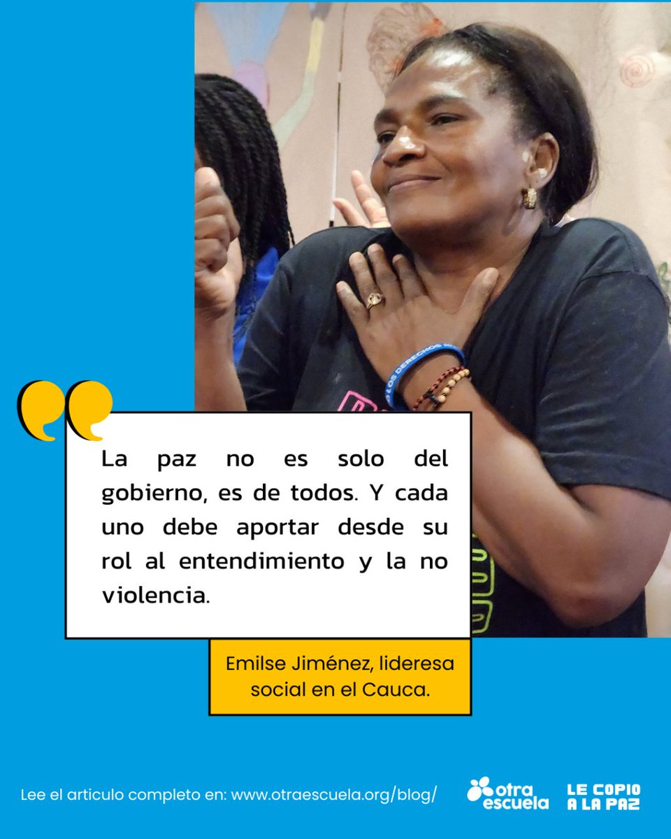Otra_Escuela's tweet photo. ✊ La profe Emilse es una lideresa social del Norte del Cauca que lucha por los derechos de la niñez, la adolescencia y las mujeres en su territorio. 

🖋️ Conoce su historia completa en "Le Copio a la Paz 🕊️💙": https://t.co/np2uPL51XV 

#lideresasocial https://t.co/aIREThoGfL