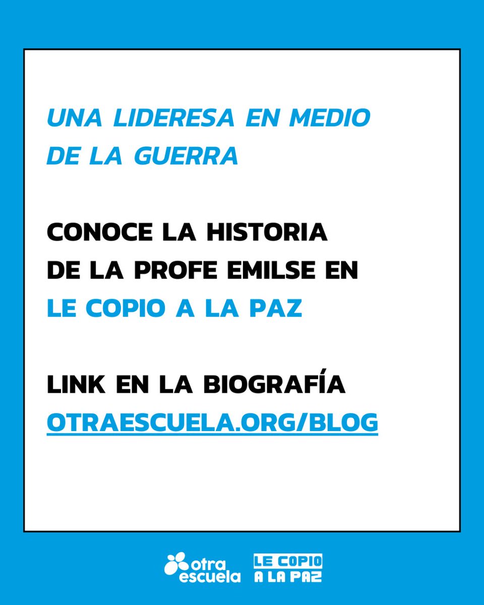 Otra_Escuela's tweet photo. ✊ La profe Emilse es una lideresa social del Norte del Cauca que lucha por los derechos de la niñez, la adolescencia y las mujeres en su territorio. 

🖋️ Conoce su historia completa en "Le Copio a la Paz 🕊️💙": https://t.co/np2uPL51XV 

#lideresasocial https://t.co/aIREThoGfL