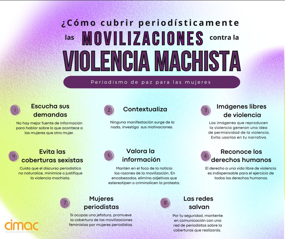 Escuchar sus demandas, usar imágenes libres de violencia y reconocer los derechos humanos de las mujeres, son algunos de nuestros consejos para evitar coberturas sexistas 👇🏽 #8M #MujeresPeriodistas #8marzo #feminismo #8M2024 #DiaInternacionaldelaMujer #8marzo2024