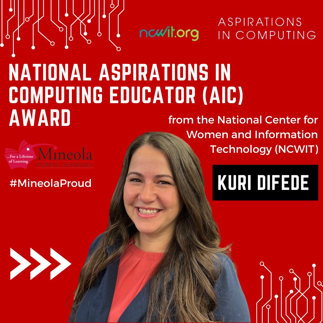 Huge congratulations to our HS Robotics team for their awards they won this weekend at their FTC Competition. Another huge congratulations to our HS Computer Science teacher, Kuri DiFede, on her National Aspirations in Computing Educator Award‼️ We are so #MineolaProud of you‼️💻