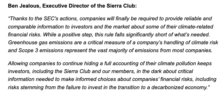 BREAKING: @SECGov just voted to finalize rules to require companies to disclose climate-related financial risks. SEC's summary confirms there are major rollbacks to the proposed rule, including emissions disclosure requirements. Initial response from @SierraClub's @BenJealous: