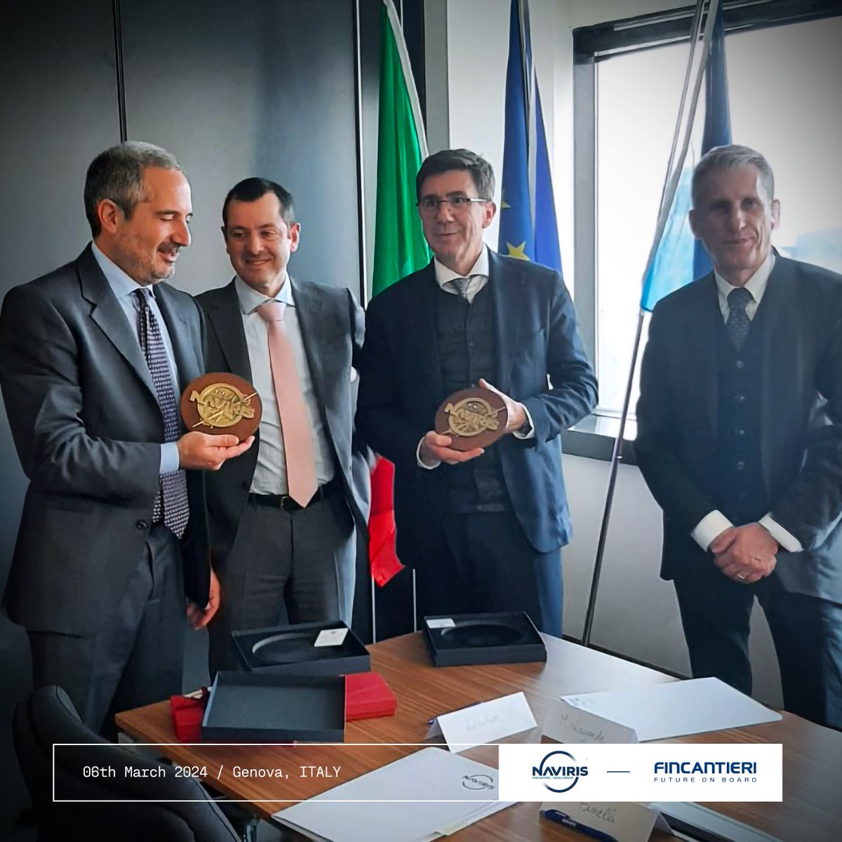 Fincantieri's tweet photo. On March 6th, the CEO of Fincantieri, Pierroberto #Folgiero, and the CEO of Naval Group, Pierre #ÉricPommellet, met in Genoa to discuss the future of the cooperation and the role of #NAVIRIS joint venture.
An important opportunity to reflect on the path of NAVIRIS and the evolution of its role in the current European landscape.
Through NAVIRIS, the industrial excellence of Italy and France are at the service of innovation and defense.
#Fincantieri
#FutureOnBoard