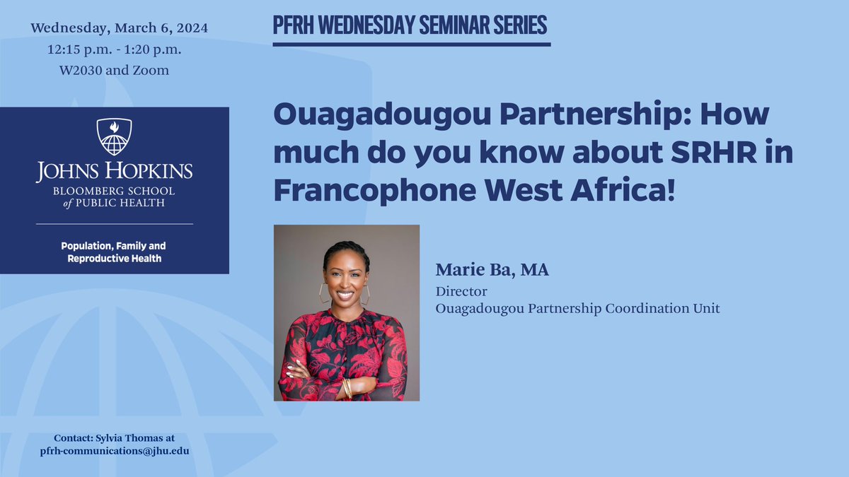 Marie Ba (@missba) on Twitter photo Happening now: Honored and happy to present in this <a href="/JohnsHopkinsSPH/">Johns Hopkins Bloomberg School of Public Health</a> seminar series on Population, Family and Reproductive Health and sharing the <a href="/POuagaPF/">Partenariat de Ouaga</a> partnership experience, history and major strategies. Happening now: Honored and happy to present in this <a href="/JohnsHopkinsSPH/">Johns Hopkins Bloomberg School of Public Health</a> seminar series on Population, Family and Reproductive Health and sharing the <a href="/POuagaPF/">Partenariat de Ouaga</a> partnership experience, history and major strategies.