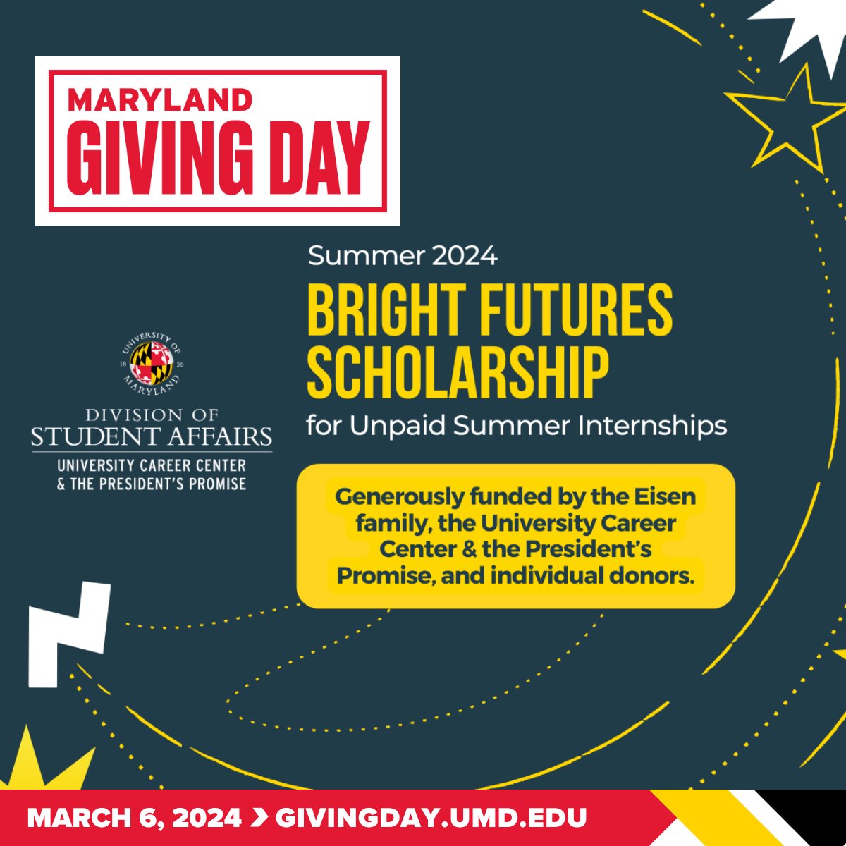 UMDCareerCenter's tweet photo. TODAY is #UMDGivingDay!

Support our Bright Futures Scholarship on Giving Day to help student move #fearlesslyforward through unpaid internships and achieving their career goals!  

DONATE: https://t.co/MooLLJZxaS

#UMD #DMV #UniversityofMaryland https://t.co/roQFKNxaYT