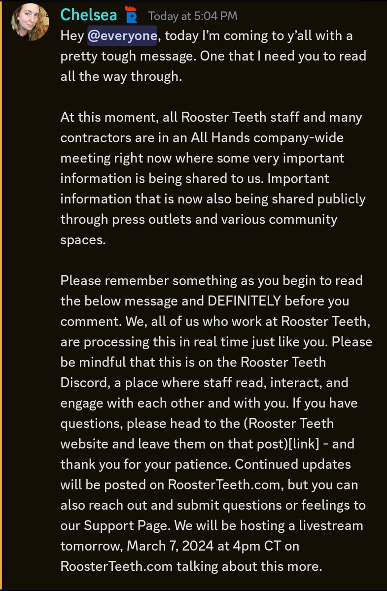 rubeziska's tweet photo. Official statement from rooster teeth discord (1/2) https://t.co/LrM17PeLTB