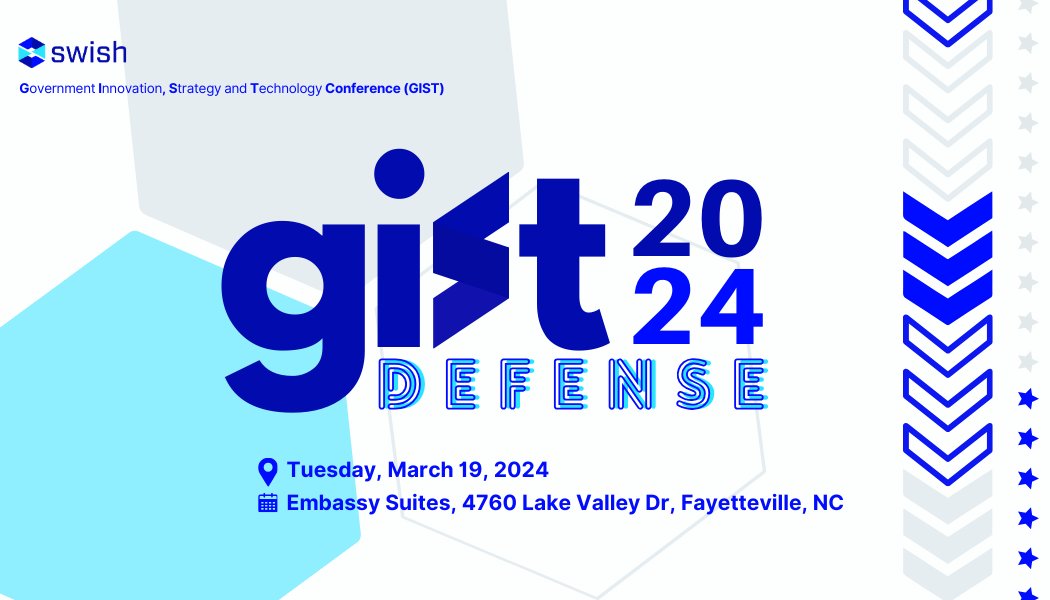 📢 GIST24 Defense is headed to Fort Liberty on Tue March 19th!!!

🔗 Register at: events.swishdata.com/gist24defense

10 breakout sessions covering:
- Episodic data operations, data meshes, and AI/ML
- User Experience, observability
- Cybersecurity topics on digital twins, and OT security