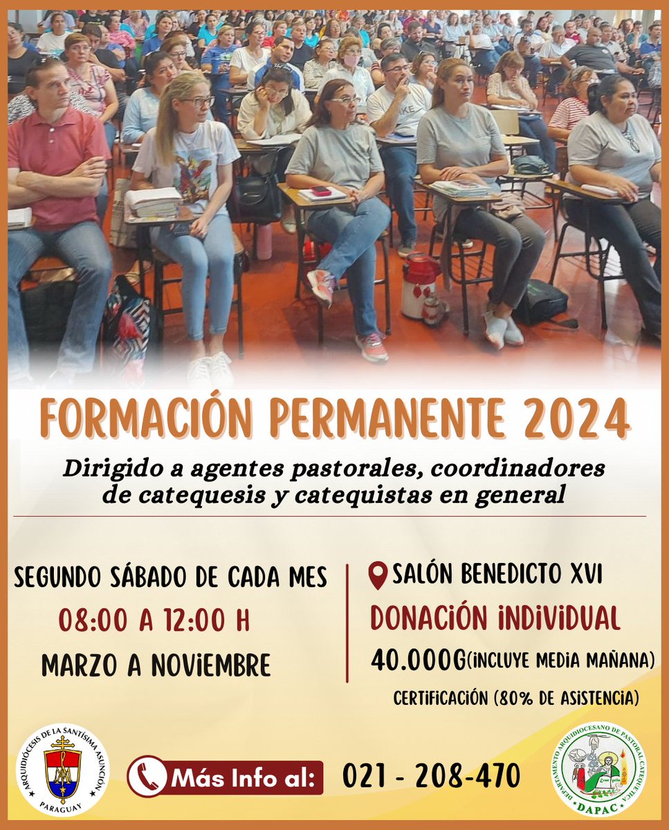 arzobispadoasun's tweet photo. #DAPAC | 🙏Gran apertura de la Formación Permanente 2024 - 9 de Marzo
Con gran alegría hacemos extensiva la invitación a todos los Catequistas, Coordinadores y Agentes de Pastoral de la Arquidiócesis de Asunción para dar apertura a la formación permanente del año 2024. https://t.co/URvCICr03I