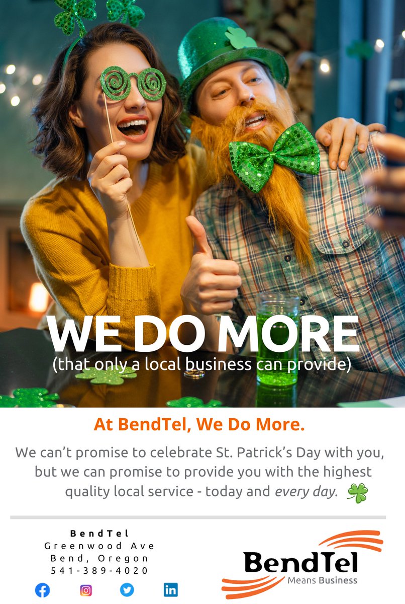 BendTel's tweet image. While we can't join you for the festivities later this month, we can provide you with the highest quality local service, today and every day. 💚 Stay connected with BendTel, your trusted telecommunications partner.

.
🍀🌈 #StPatricksDay #LocalService #BendTel #CentralOregon