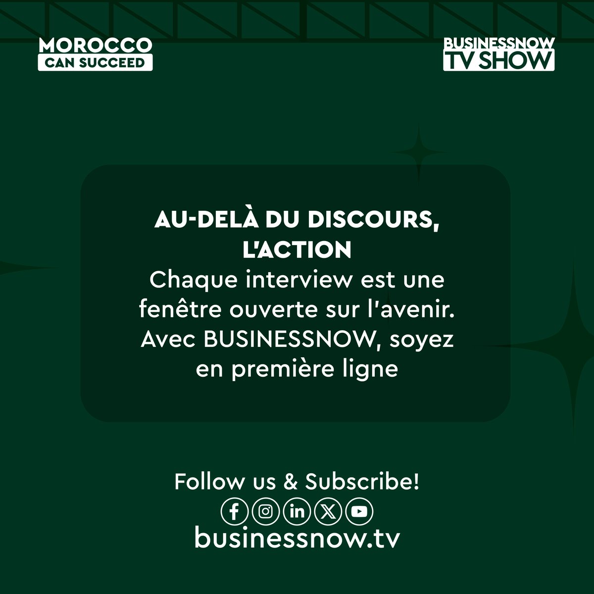 ✨ Découvrez les Thématiques en Lumière chez BUSINESSNOW, exploration au cœur de nos programmes à travers des dialogues exclusifs.

Suivez-nous sur businessnow.tv

#MoroccoCanSucceed #BnTvShow