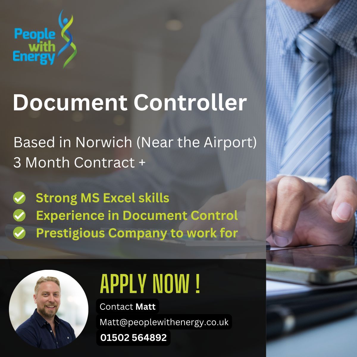 I'm looking for a Document Controller based in Norwich. Great Company to work for. Call Matt on 01502 564892 or email Matt@peoplewithenergy.co.uk

#NorwichJobs
#DocumentController
#UKRecruitment
#AdminCareers
#SuffolkJobs 
#DocumentManagement