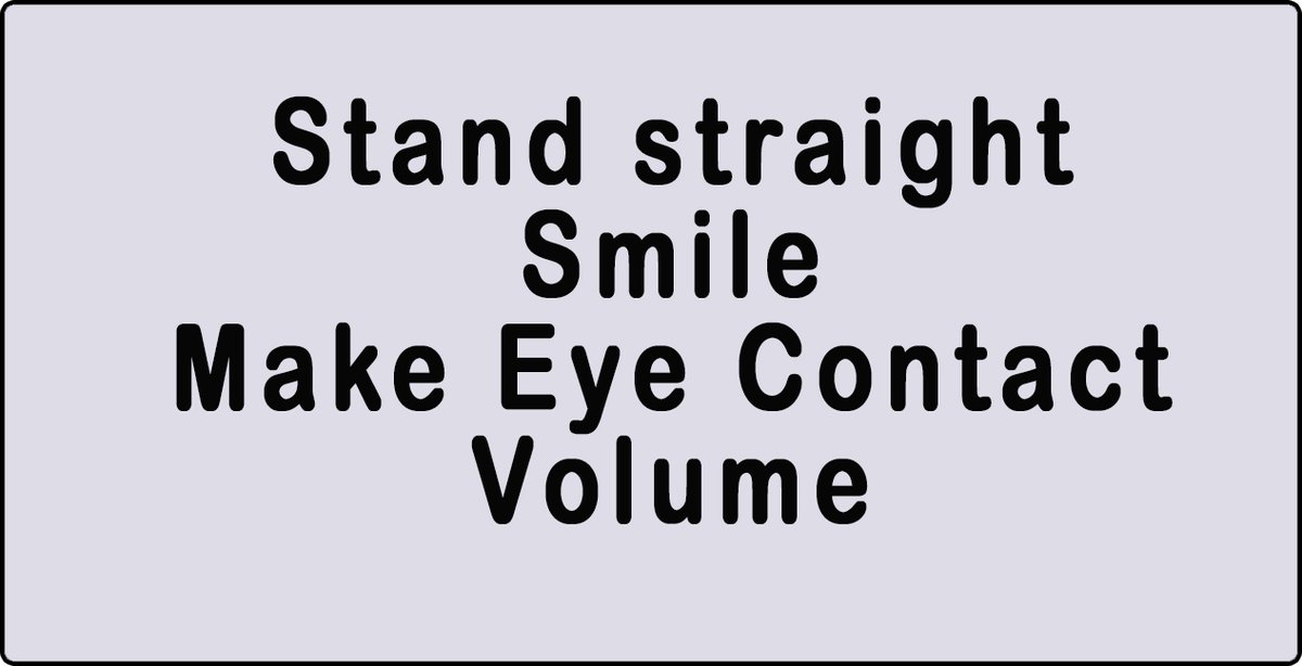 Public_Speaker_'s tweet image. Write a pre-speech "checklist" on your first notecard.
e.g. - Words like "HANDS," "VOLUME," and "EYES" can remind you to start your speech with your hands free, speaking loudly &amp;amp; making eye contact with the audience.
#PainlessPublicSpeaking
#PublicSpeaking