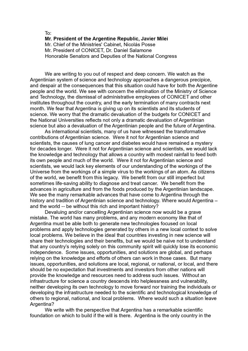 FilmusDaniel's tweet image. 68 PREMIOS NOBEL ESCRIBEN A MILEI EN DEFENSA DE LA CIENCIA Y TECNOLOGÍA ARGENTINA

Por primera vez en la historia, principales nobel se reúnen para exigir a un presidente que restablezca presupuestos de CyT. Destacan la excelencia argentina.

#AbrazoMundialCienciaArgentina