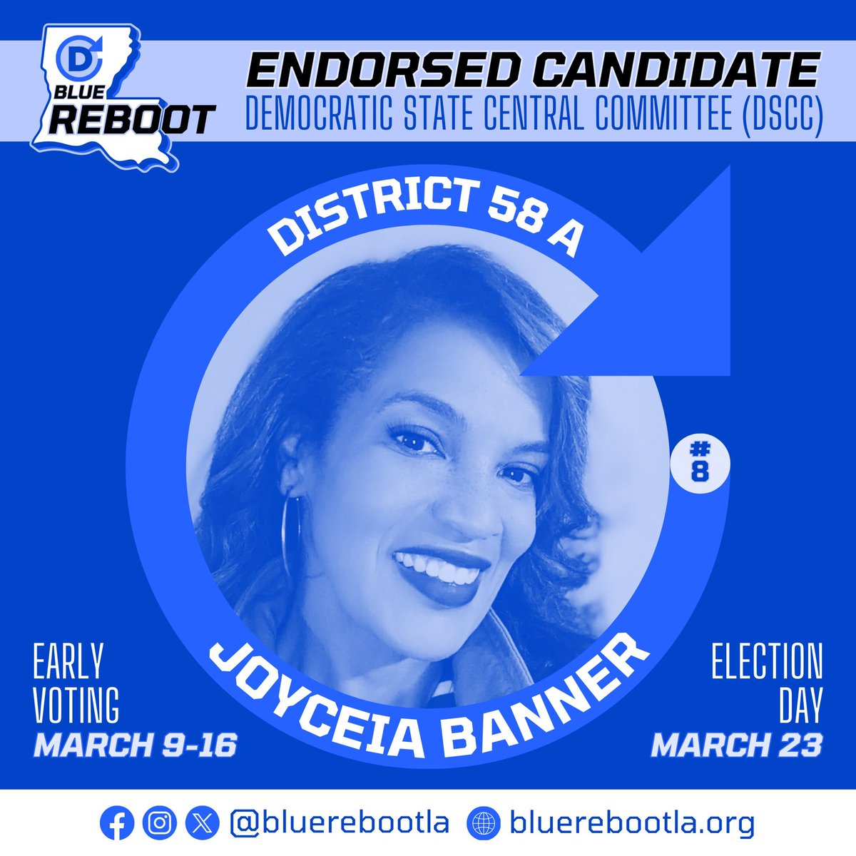 District 5️⃣8️⃣🅰️ — VOTE Joyceia Banner (@drjoy08) for DSCC so we can give our state Democratic party a reboot! #bluerebootla #iberville #ascension #stjames