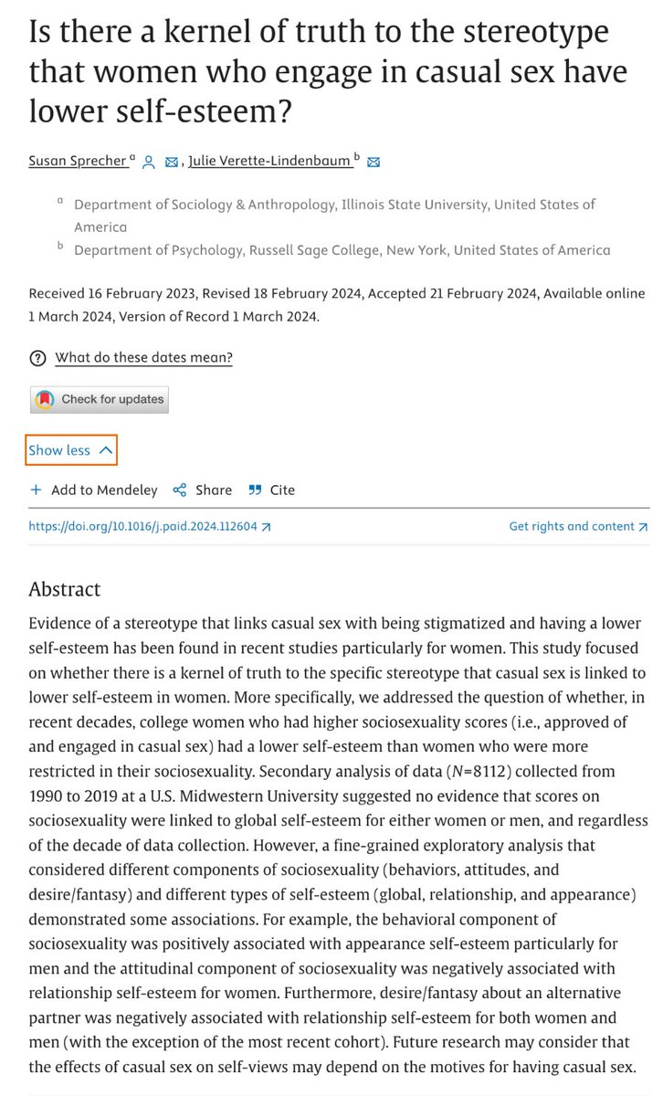 Acc to our 2021 work in @PsychScience: Americans stereotype women who have casual sex as having low self-esteem---even as Ps themselves showed no consistent asso bt their sexual behavior + self-esteem.

New work in PAID👇challenges our latter finding
sciencedirect.com/science/articl…