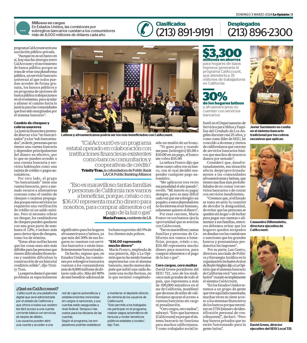 Great coverage by La Opinión, the US's largest Spanish-language paper! Fast food workers & community leaders gathered at the CalAccount Town Hall in LA. They shared experiences with unfair banking practices & spoke to the critical need for universal banking access in CA.